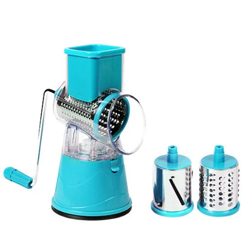 Manual multifunction drum cutter stainless steel vegetable slicer hand crank grater in blue