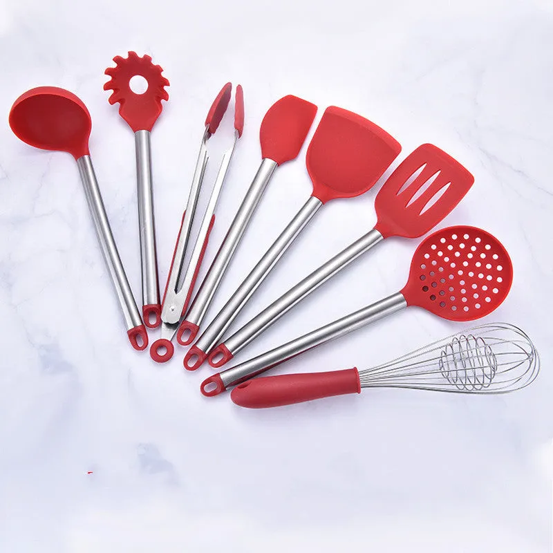 Seven-piece silicone kitchenware set includes spatula, colander, egg beater and other utensils with stainless steel tube handles in red colour