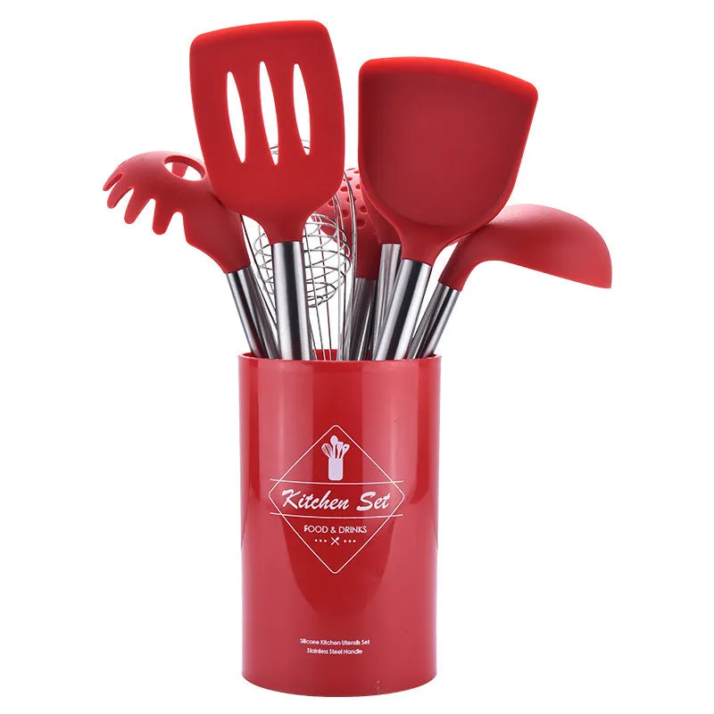 Seven-piece silicone kitchenware set includes spatula, colander, egg beater and other utensils with stainless steel tube handles in red colour