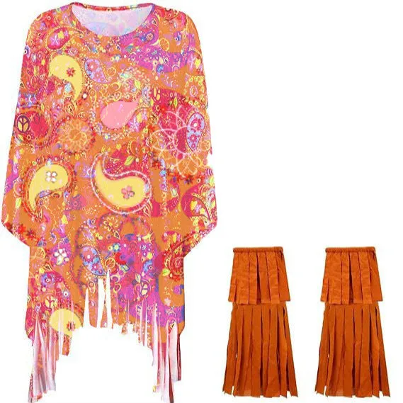Colourful tie-dye sleeveless cloak costume with bell sleeves on a mannequin.