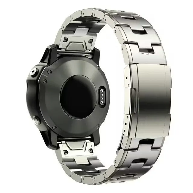 Replacement watch strap for Garmin Fenix and Jiaming smartwatches in black, silver, and titanium colours.