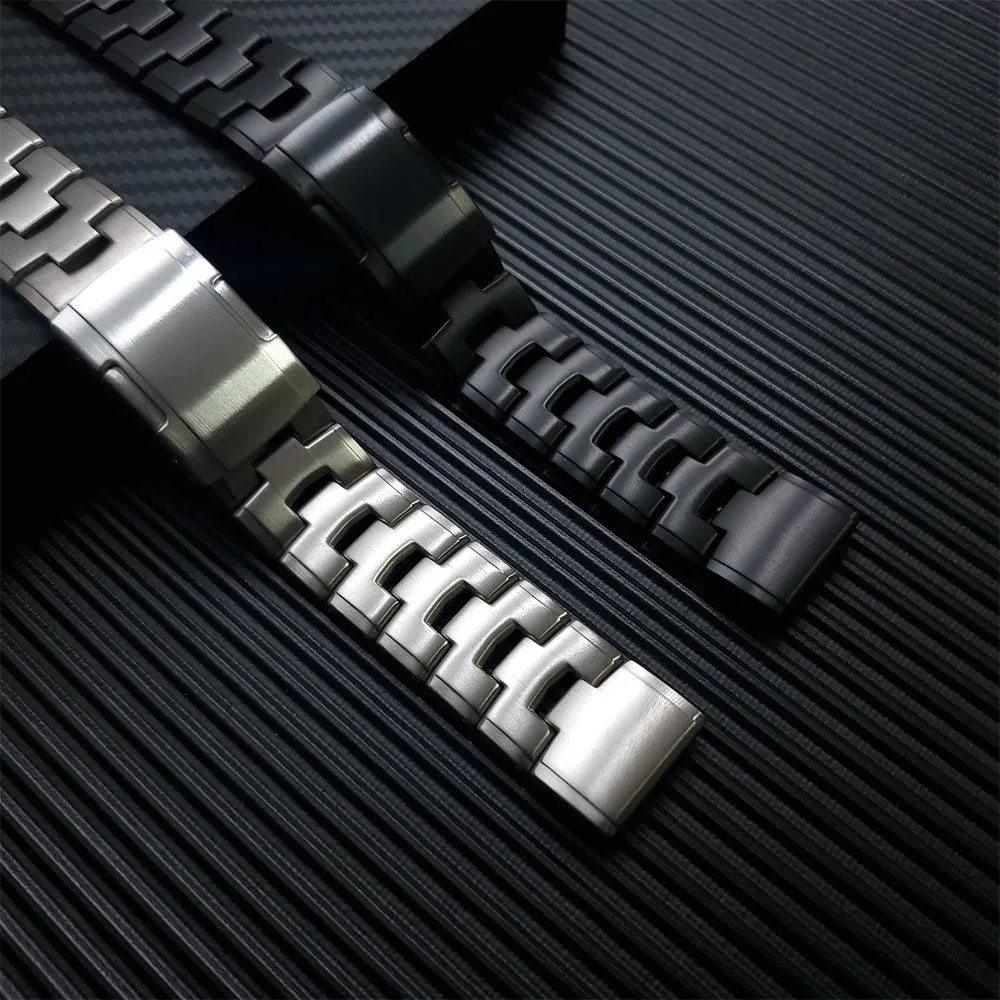 Replacement watch strap for Garmin Fenix and Jiaming smartwatches in black, silver, and titanium colours.