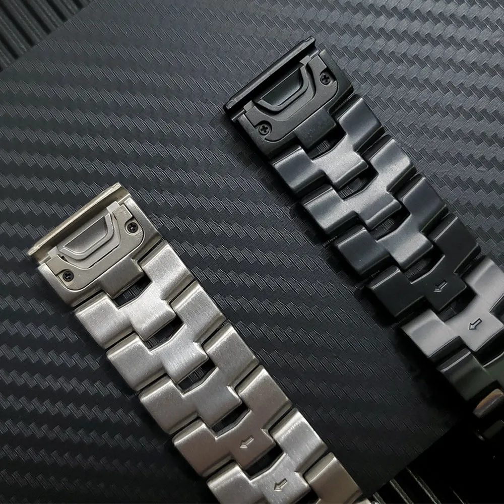 Replacement watch strap for Garmin Fenix and Jiaming smartwatches in black, silver, and titanium colours.