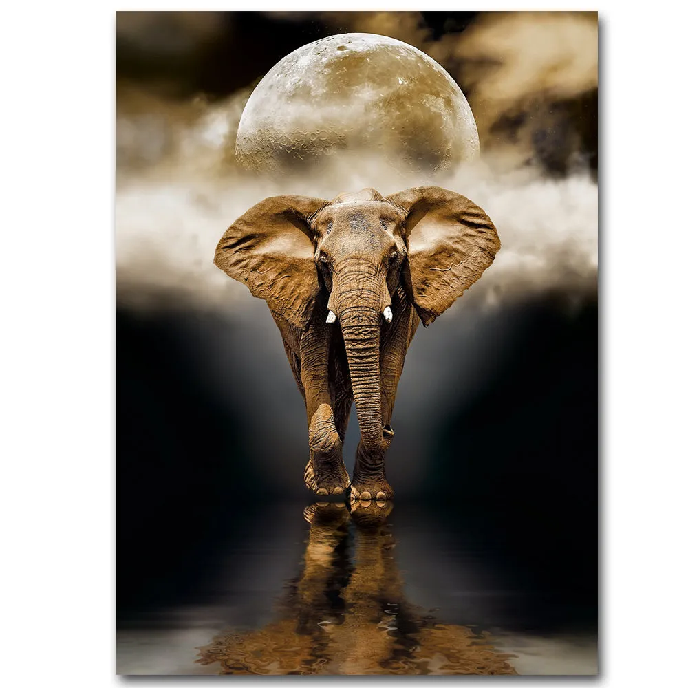 Frameless oil-on-canvas elephant painting in black, rectangle shape, multiple sizes for living room wall decor