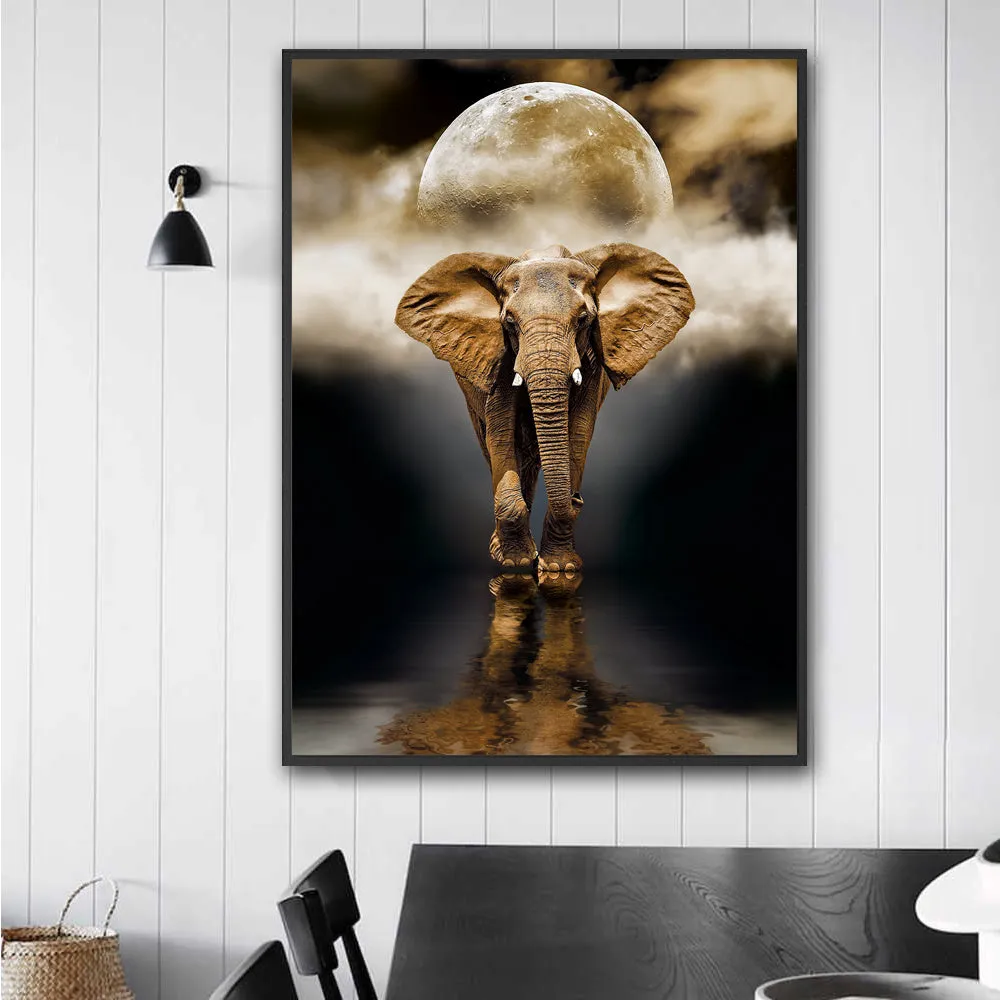 Frameless oil-on-canvas elephant painting in black, rectangle shape, multiple sizes for living room wall decor
