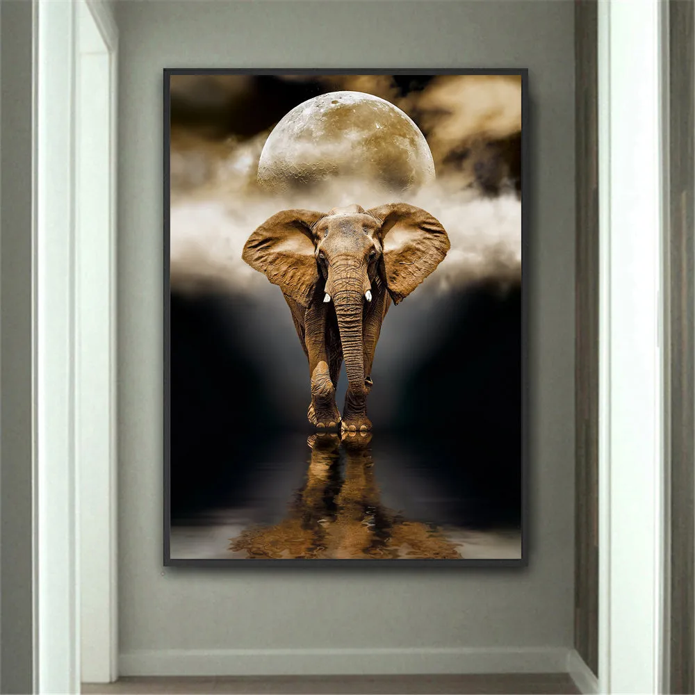 Frameless oil-on-canvas elephant painting in black, rectangle shape, multiple sizes for living room wall decor