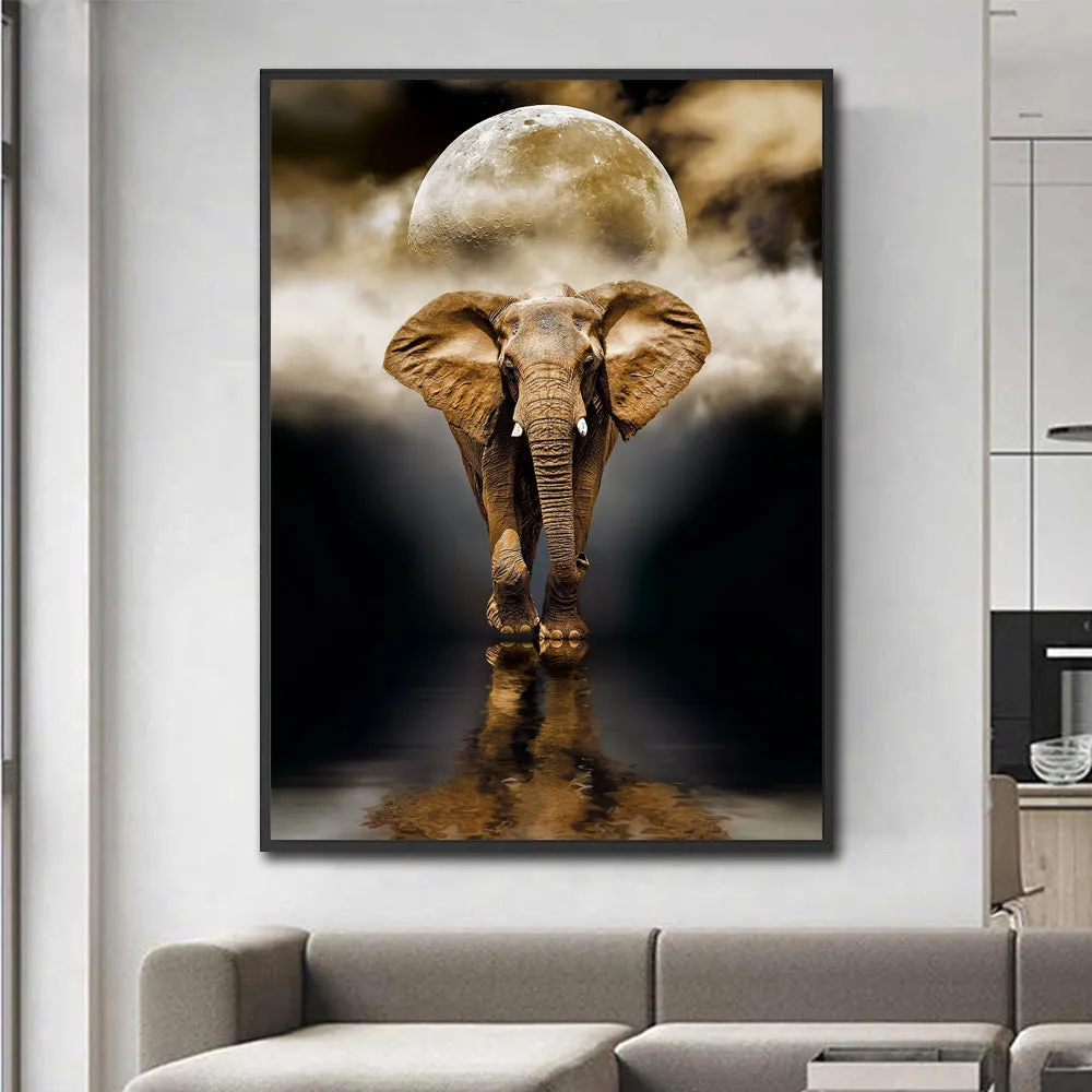 Frameless oil-on-canvas elephant painting in black, rectangle shape, multiple sizes for living room wall decor