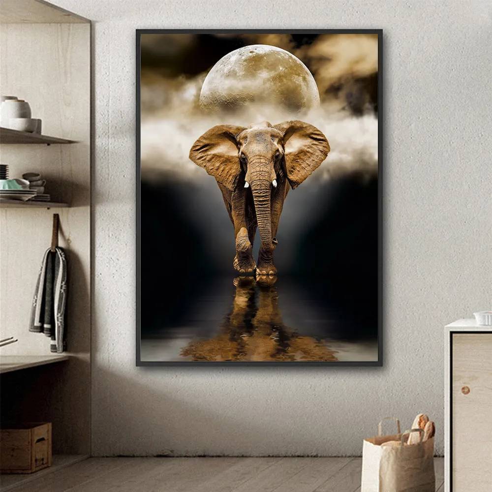 Frameless oil-on-canvas elephant painting in black, rectangle shape, multiple sizes for living room wall decor