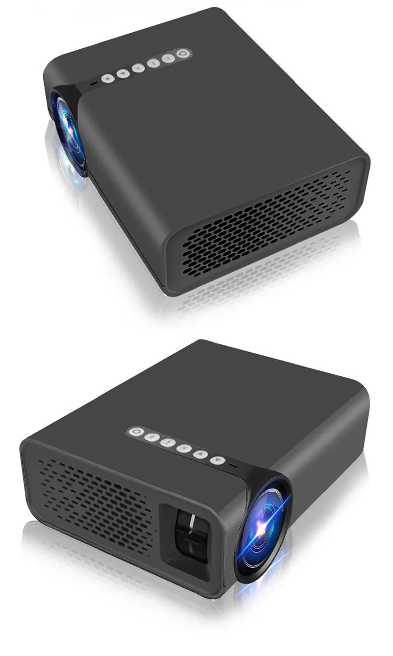 Black portable HD projector with LED lens on a table showing a movie projected on a wall