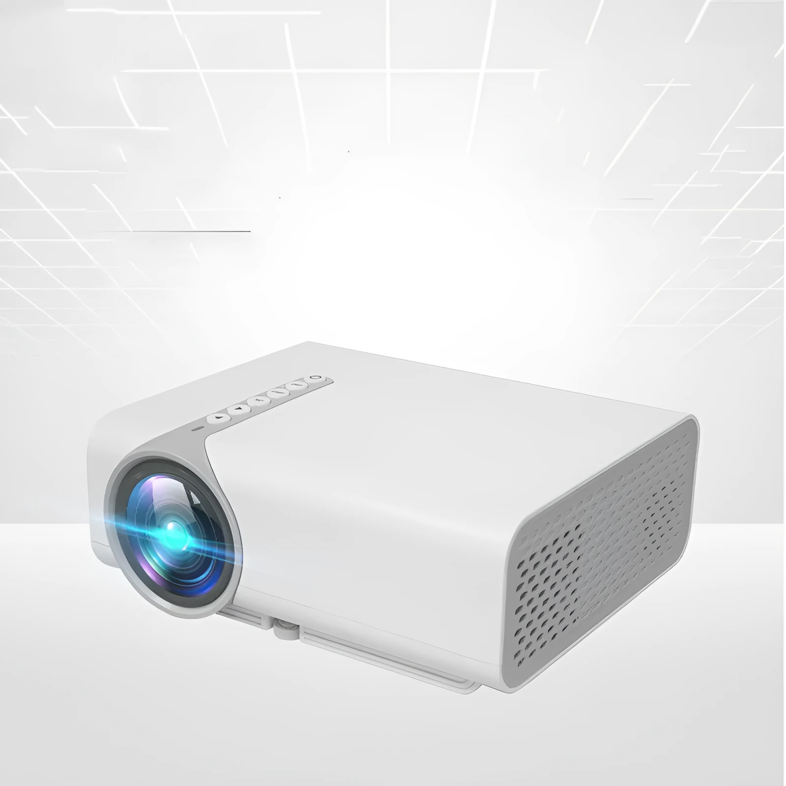 Black portable HD projector with LED lens on a table showing a movie projected on a wall