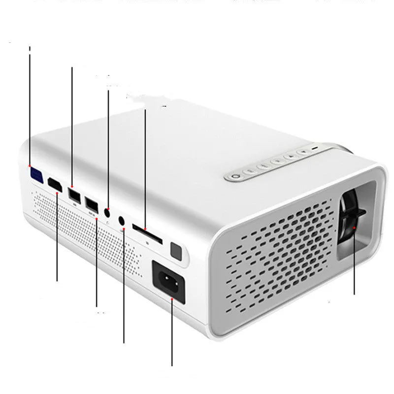 Black portable HD projector with LED lens on a table showing a movie projected on a wall