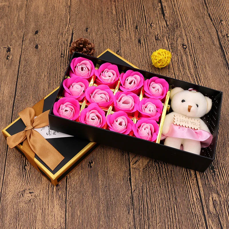 Valentine's Day gift box soap flower with rose bear arrangement in pink gradient colour, high-end gift box
