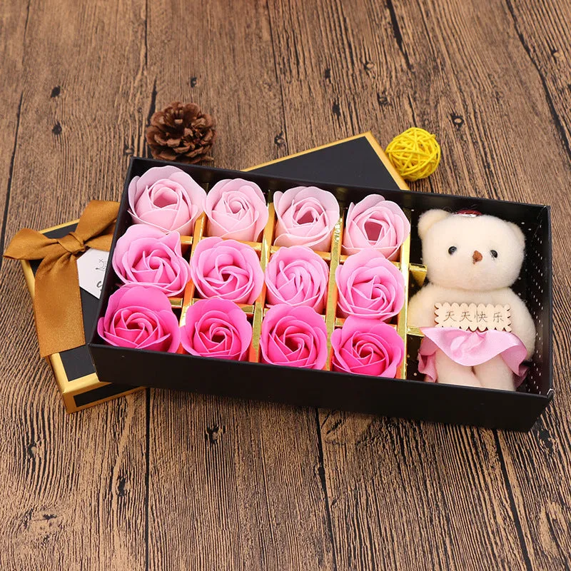 Valentine's Day gift box soap flower with rose bear arrangement in pink gradient colour, high-end gift box
