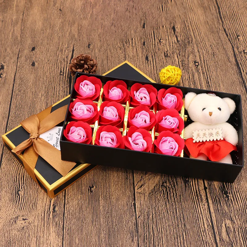 Valentine's Day gift box soap flower with rose bear arrangement in pink gradient colour, high-end gift box