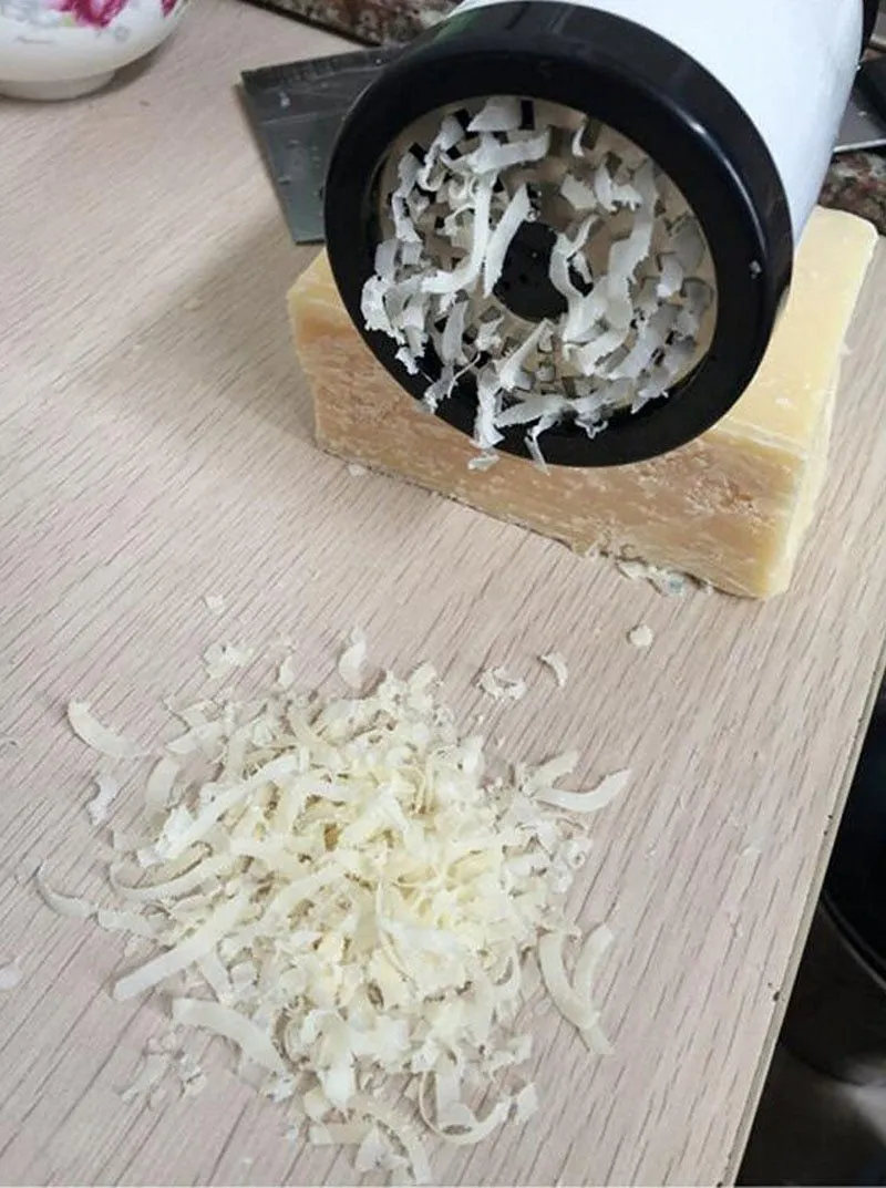 Stainless steel rotary cheese grater with super sharp blade for chocolate fondue and hard cheeses, black and white, 17cm height