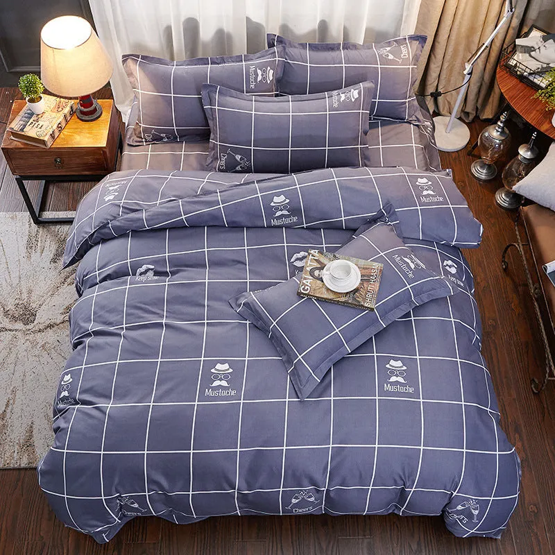 Cotton geometric pattern bedding set with duvet cover, bed sheet, and pillowcases on a bed