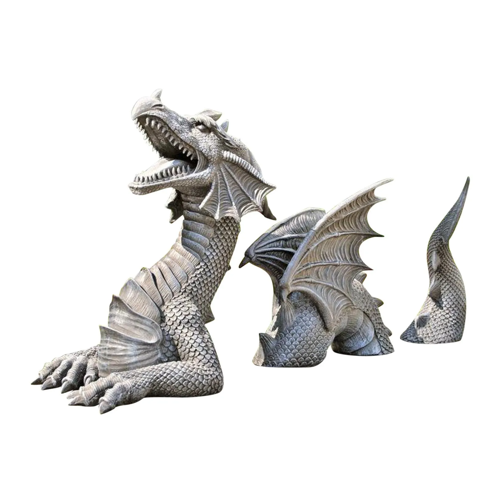 Large gothic dragon garden statue in charcoal grey resin with wings and tail, placed on a lawn
