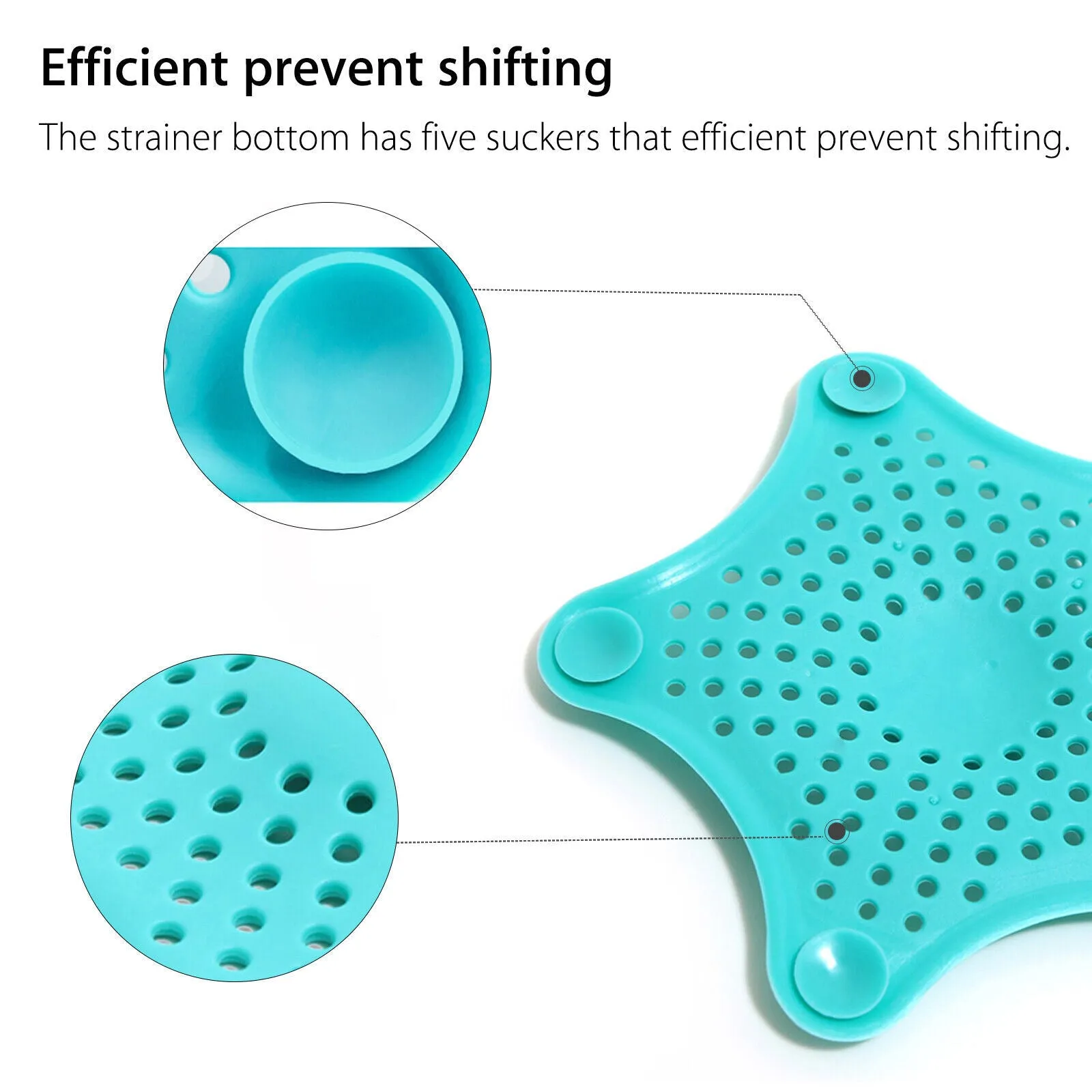 Three silicone starfish sink drain strainers in white, blue, and green with suction cups on bottom