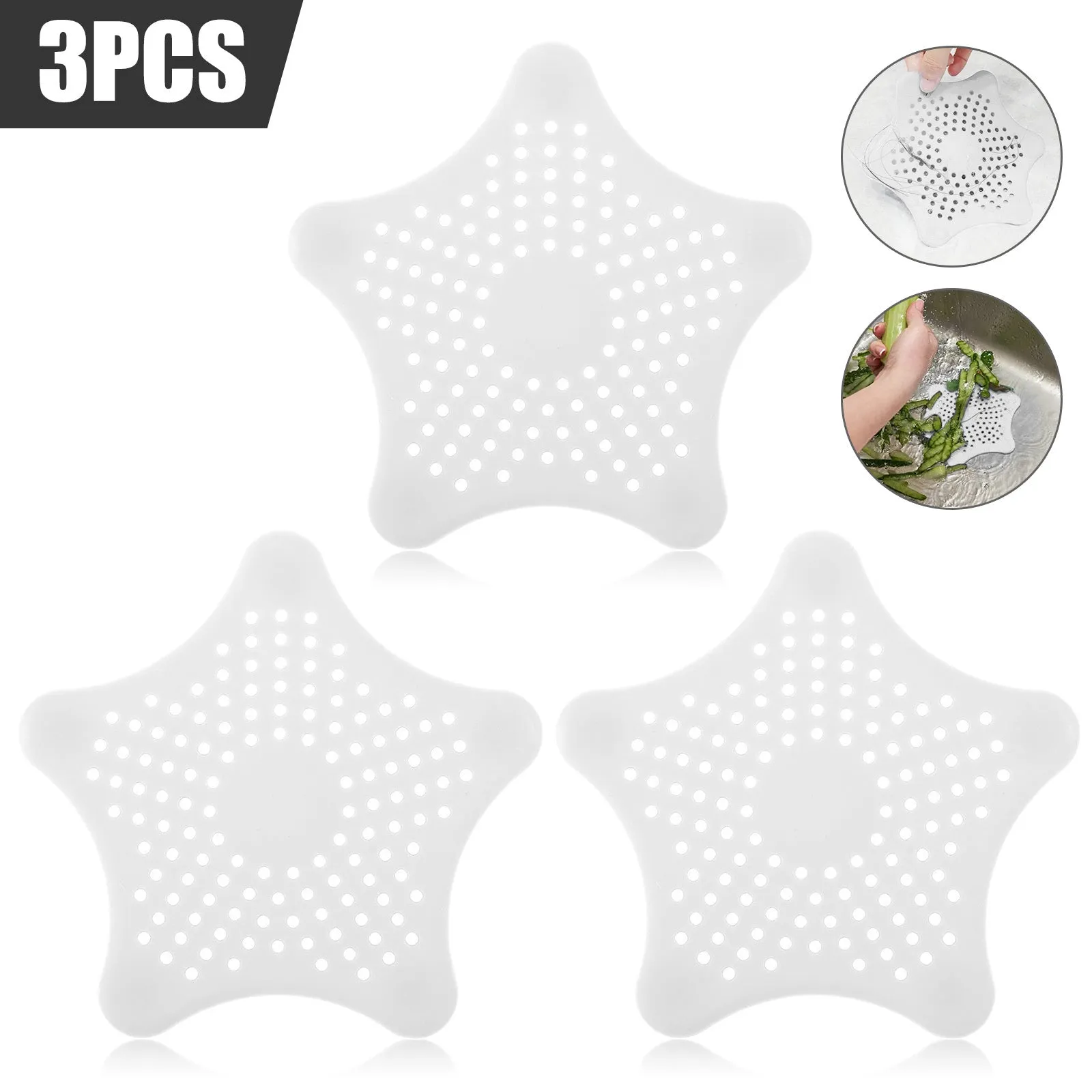 Three silicone starfish sink drain strainers in white, blue, and green with suction cups on bottom
