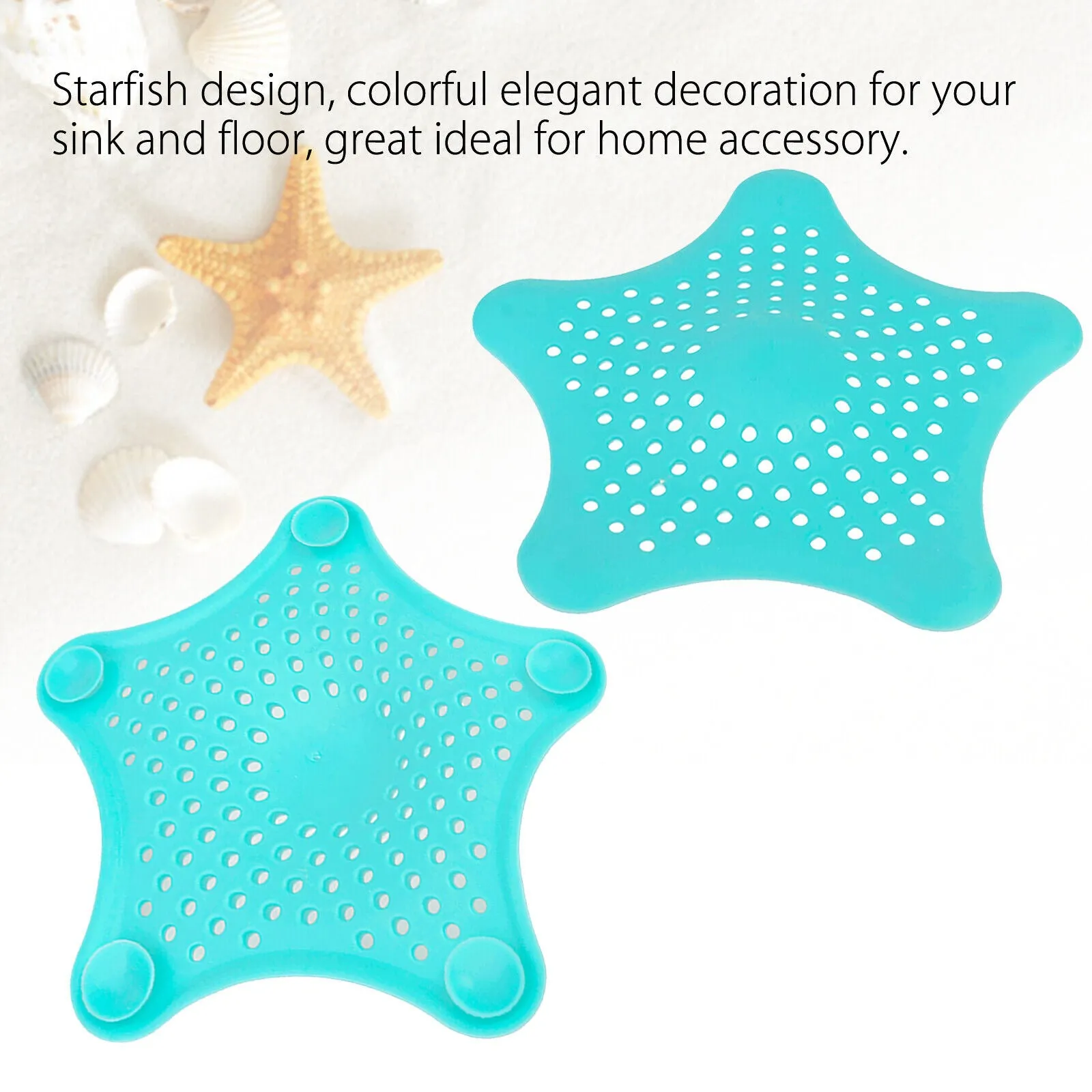 Three silicone starfish sink drain strainers in white, blue, and green with suction cups on bottom