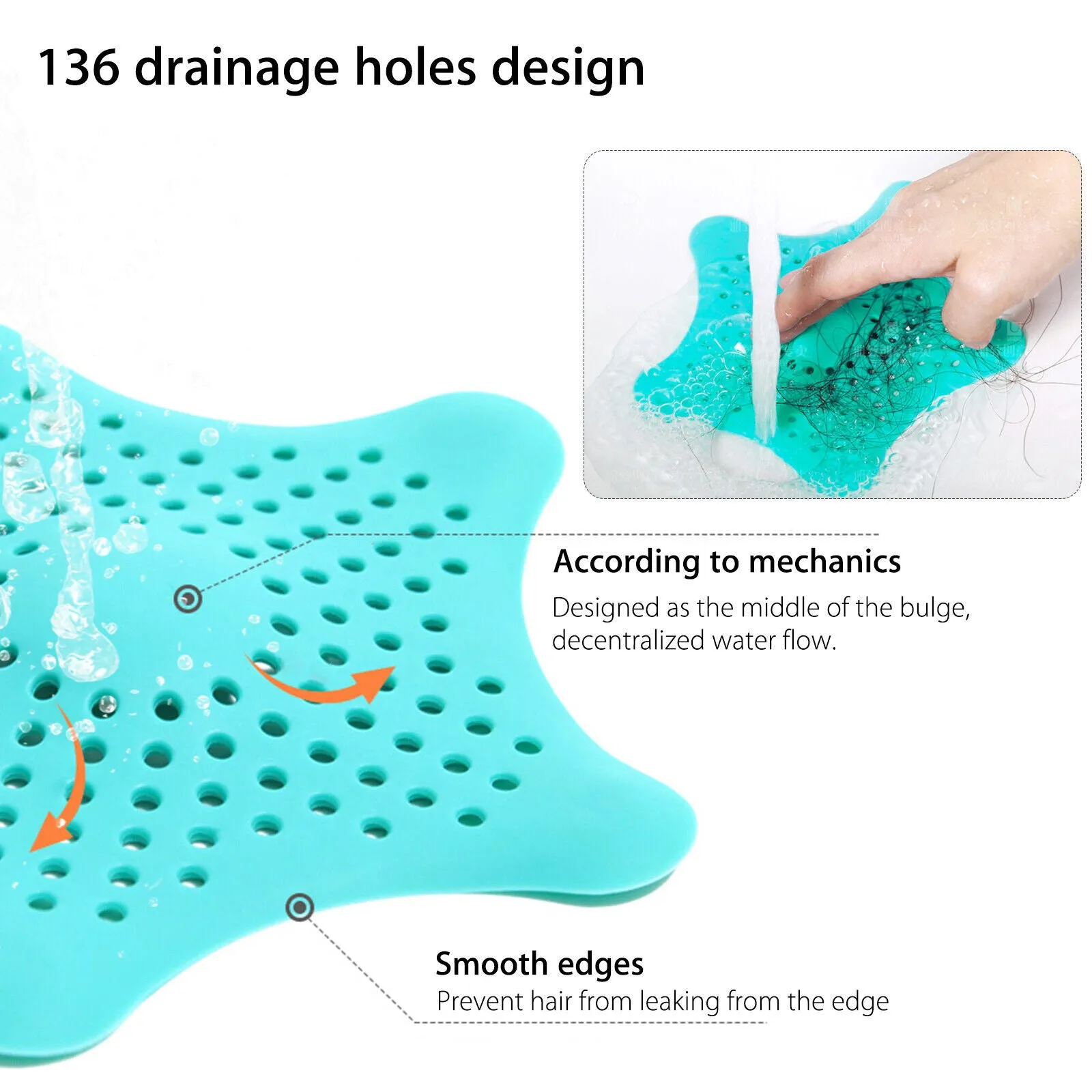 Three silicone starfish sink drain strainers in white, blue, and green with suction cups on bottom