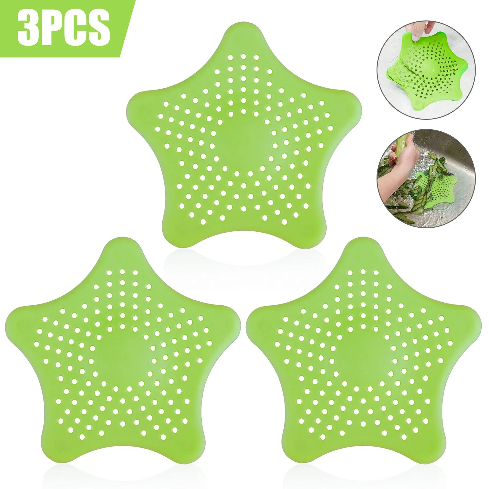 Three silicone starfish sink drain strainers in white, blue, and green with suction cups on bottom