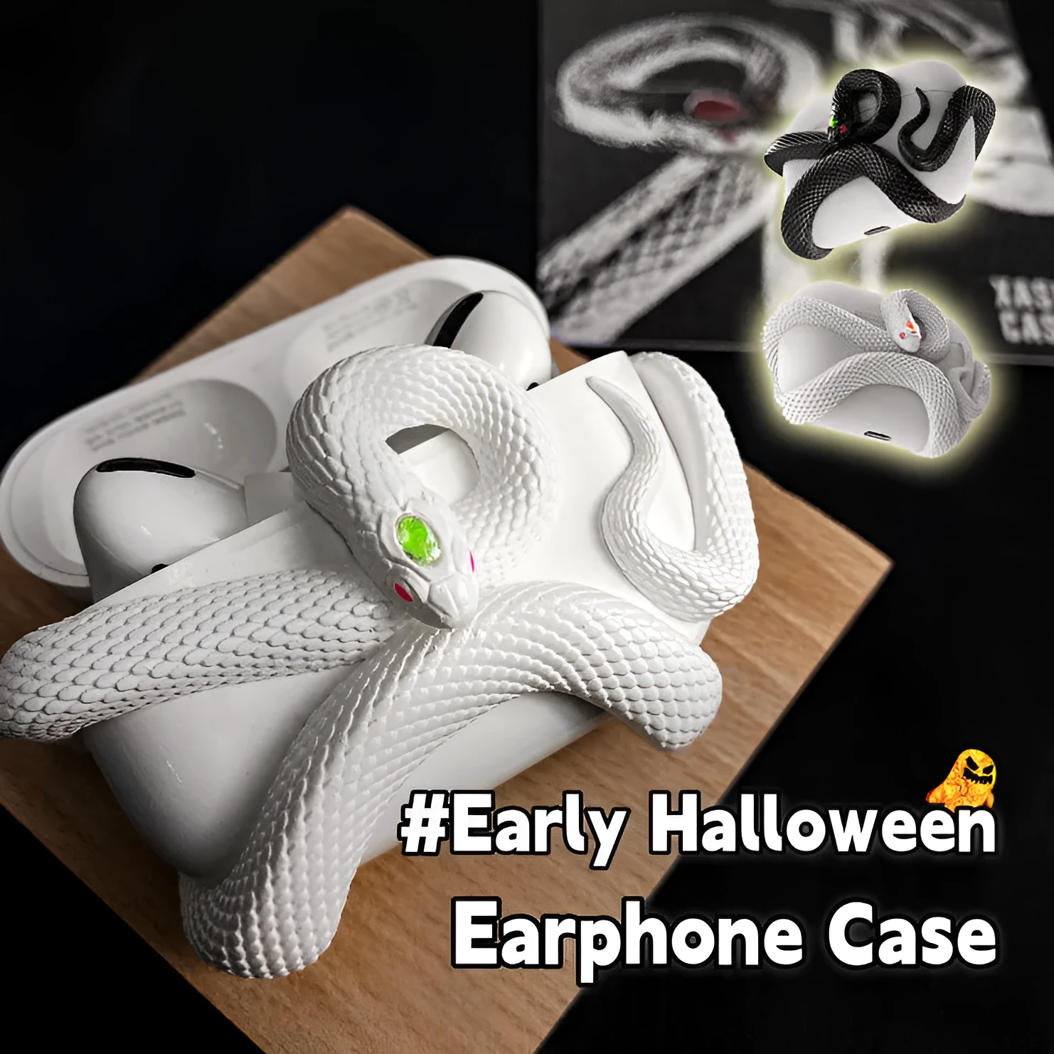 Creative snake design hard resin protective case for AirPods Pro and AirPods 3 in black, white, and pink colours