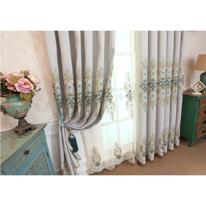 Slub cotton embroidery curtain fabric in beige with flat embroidery detailing for high shading vertical curtains