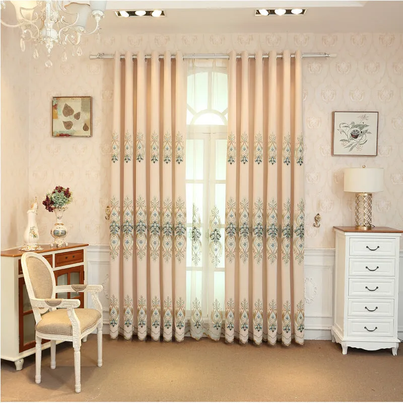 Slub cotton embroidery curtain fabric in beige with flat embroidery detailing for high shading vertical curtains