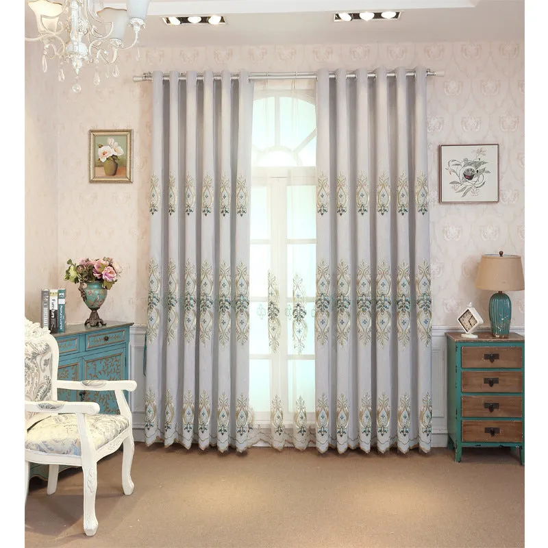 Slub cotton embroidery curtain fabric in beige with flat embroidery detailing for high shading vertical curtains