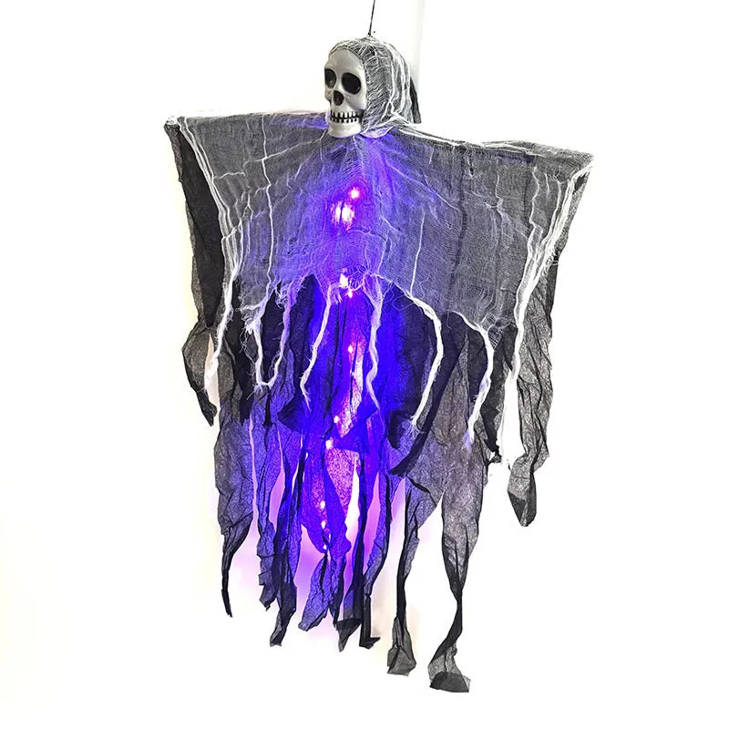 85cm hanging ghost Halloween decoration in warm colour with skull face, made from plastic, wrought iron, foam and cloth