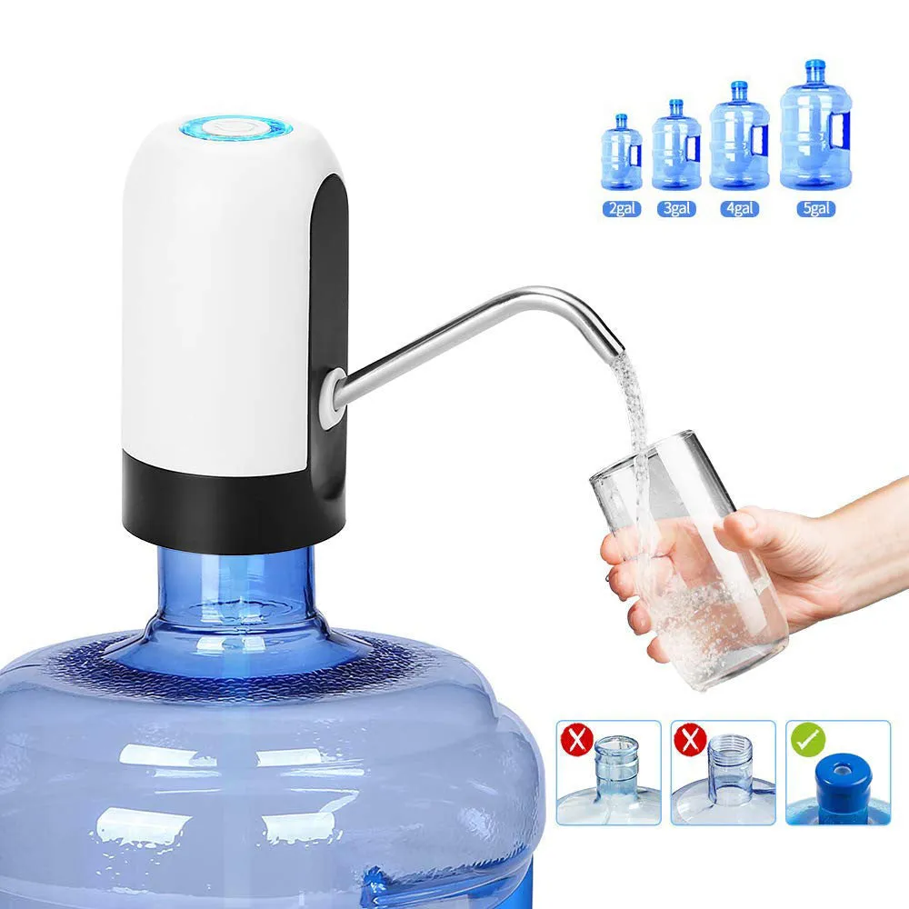 Electric bottled water pump in black, USB rechargeable, 13x7.5cm size, with white background
