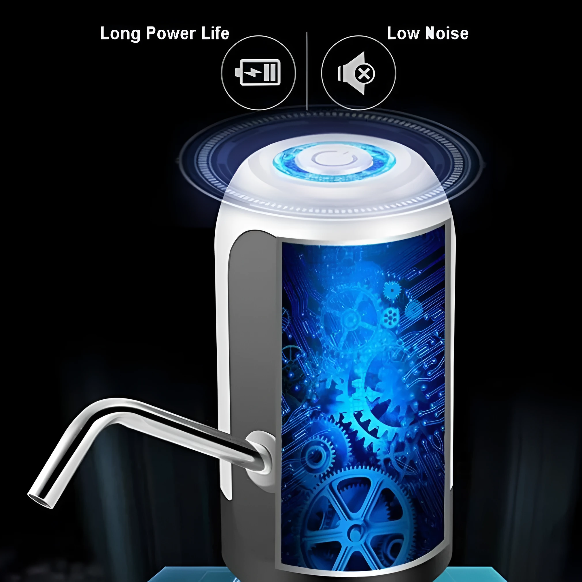 Electric bottled water pump in black, USB rechargeable, 13x7.5cm size, with white background