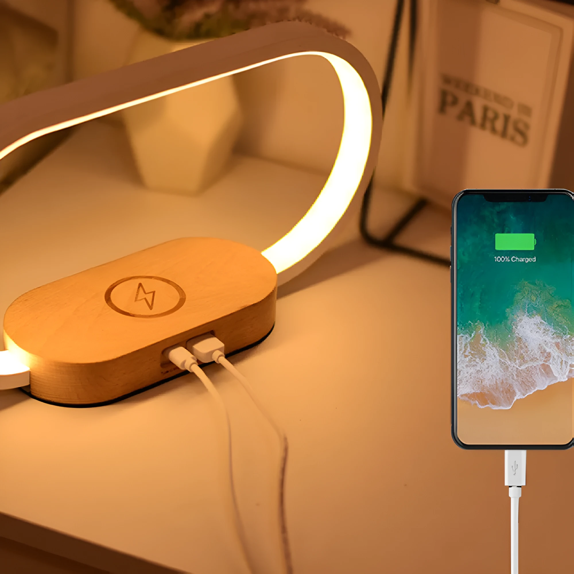 Wooden clock bedside table lamp with touch switch, USB power, wood and aluminium body, WR02 wood grain colour