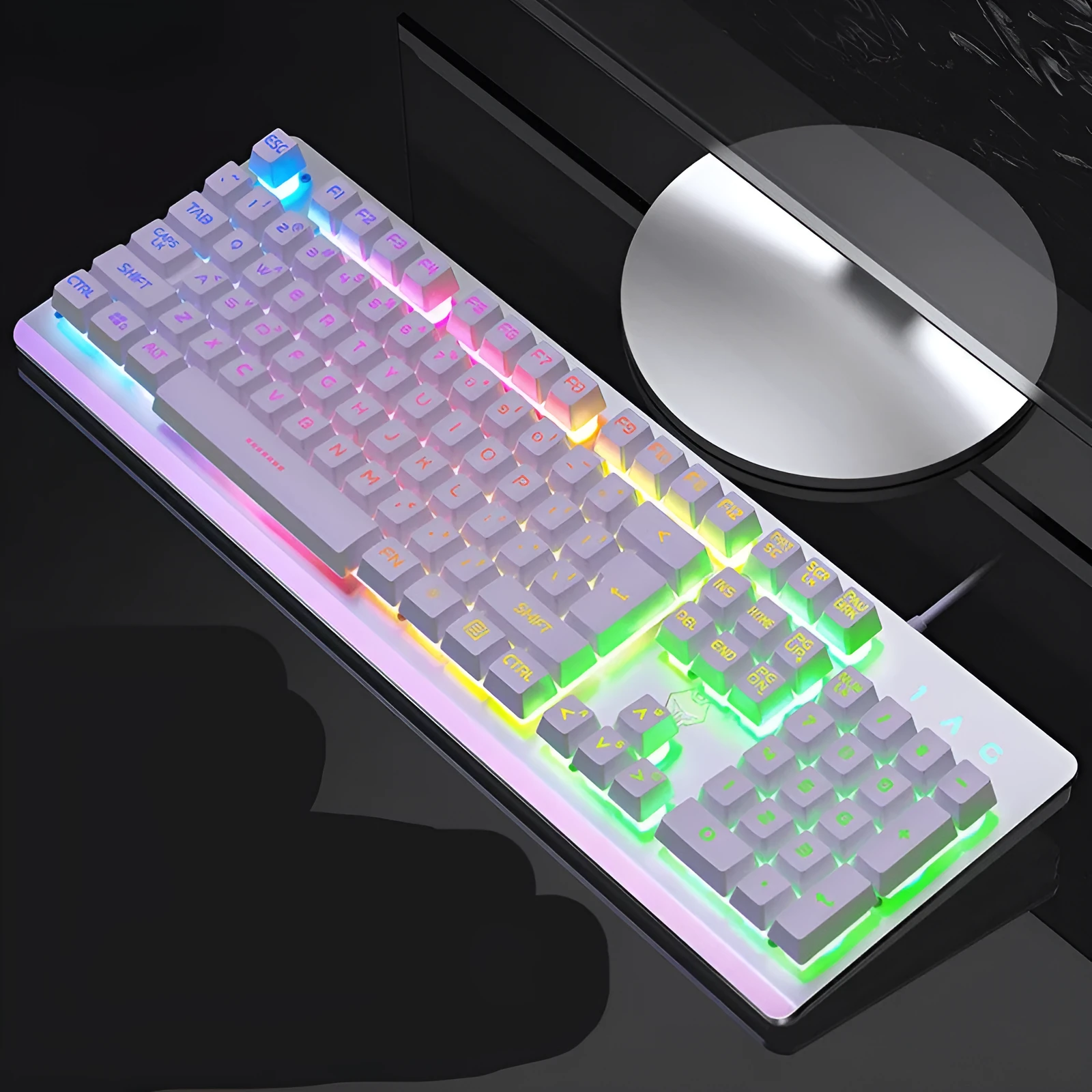 K002 wired gaming keyboard with metal top plate, 104 keys, rainbow backlight, black colour