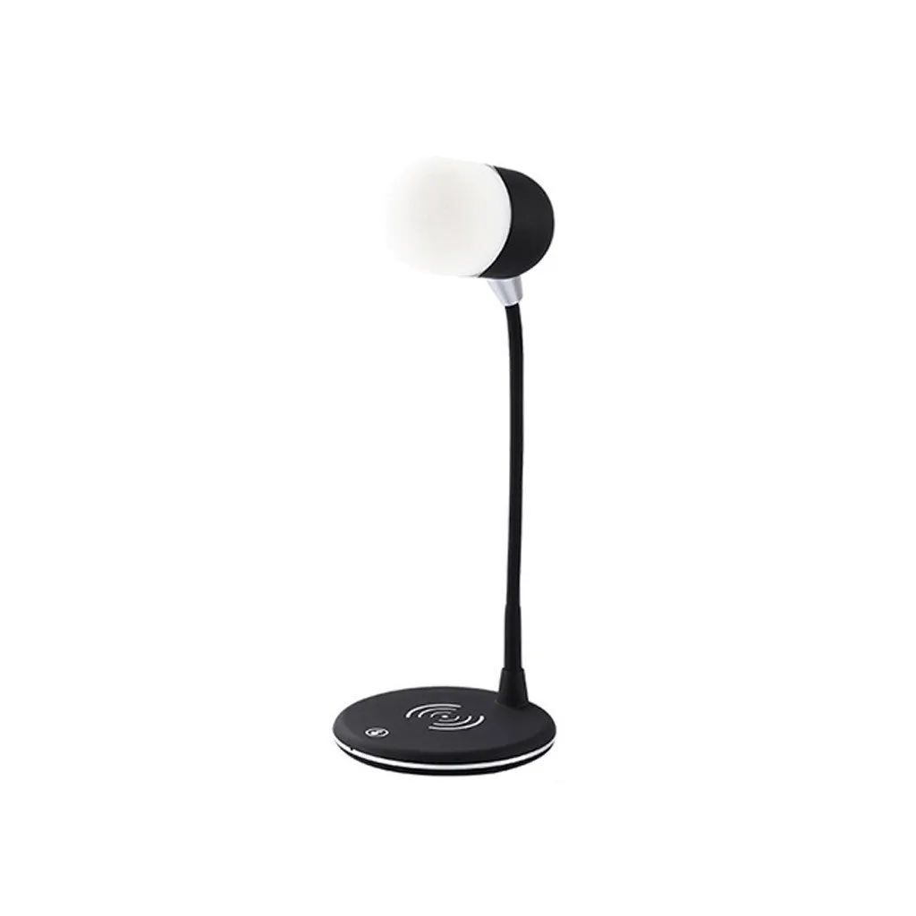 Three-in-one night light wireless speaker charger light in black with step-less dimming and Qi charging pad