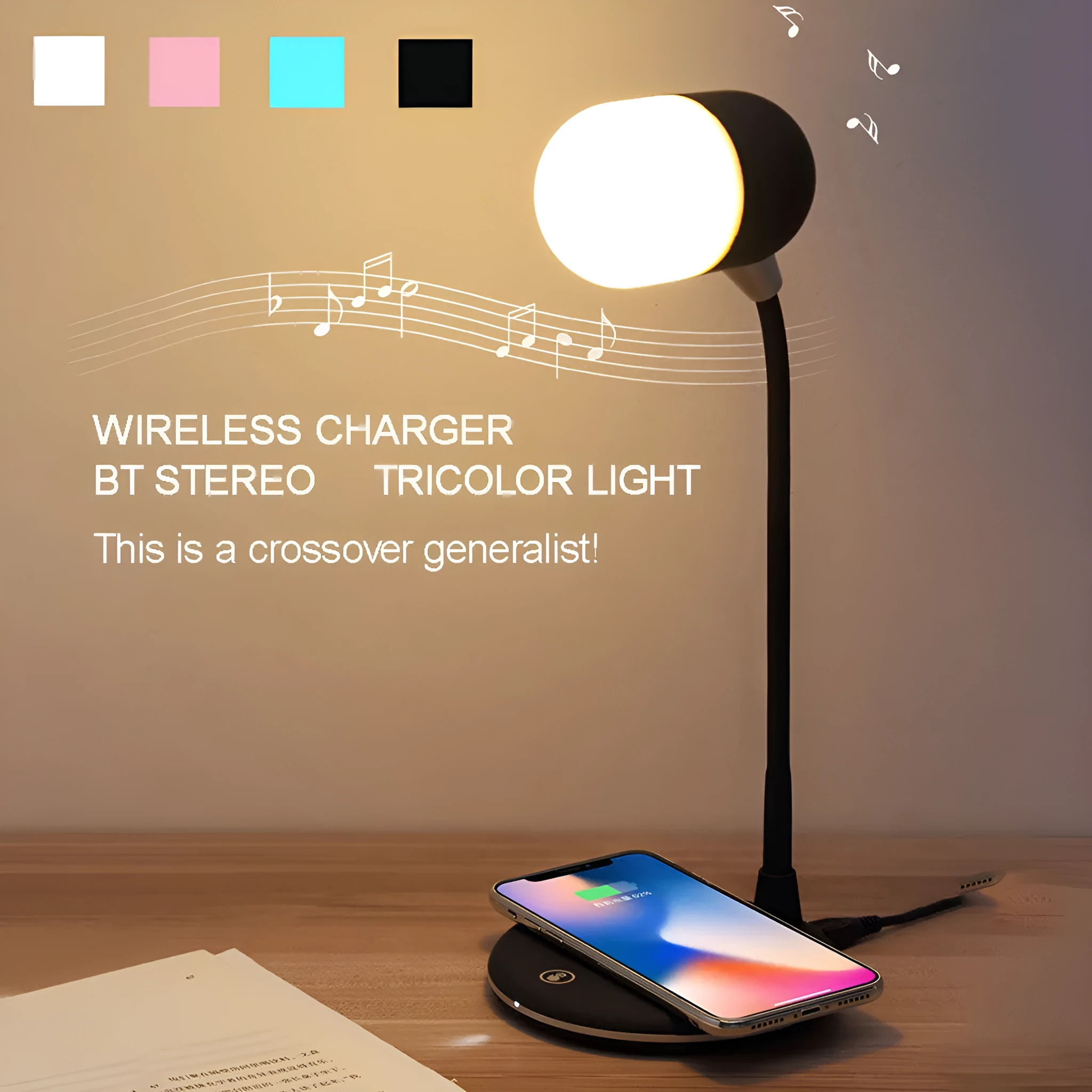 Three-in-one night light wireless speaker charger light in black with step-less dimming and Qi charging pad