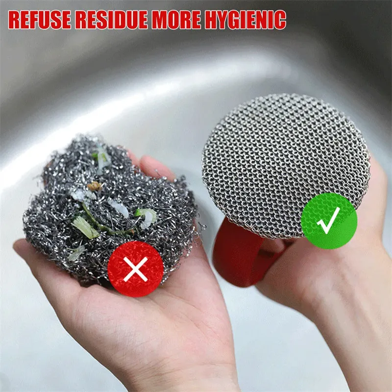 Round 316 stainless steel chainmail scrubber with red silicone handle on cast iron skillet