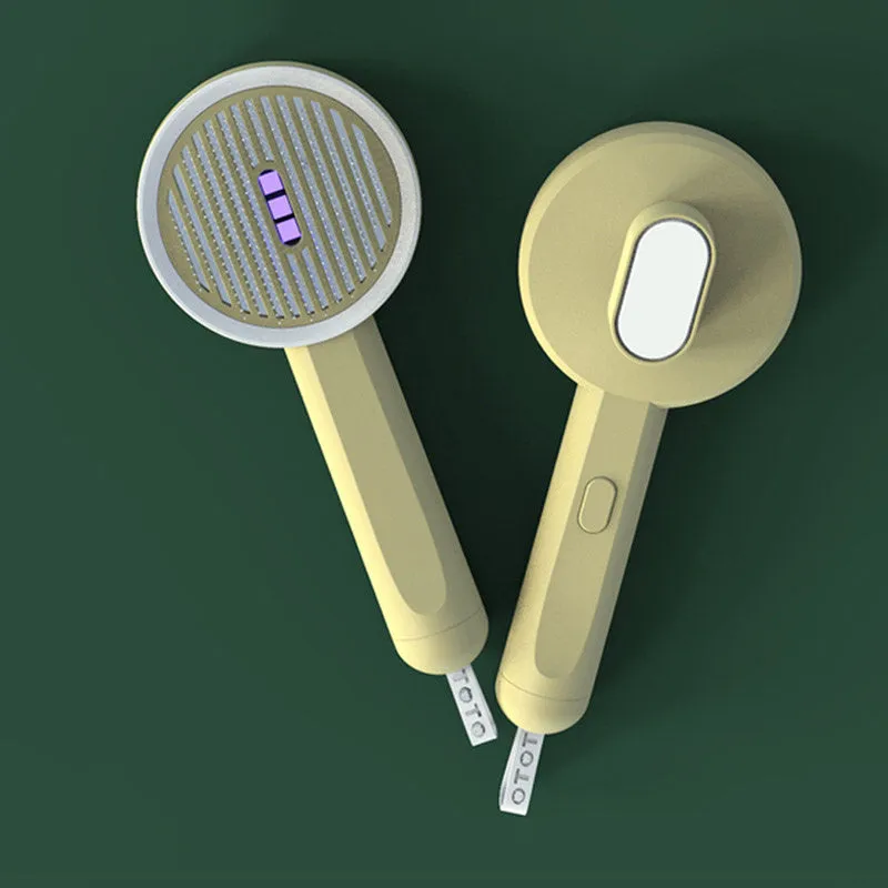 Hoopet 2-in-1 pet comb with UVC light and rounded teeth, available in ivory white, olive green, and khaki yellow