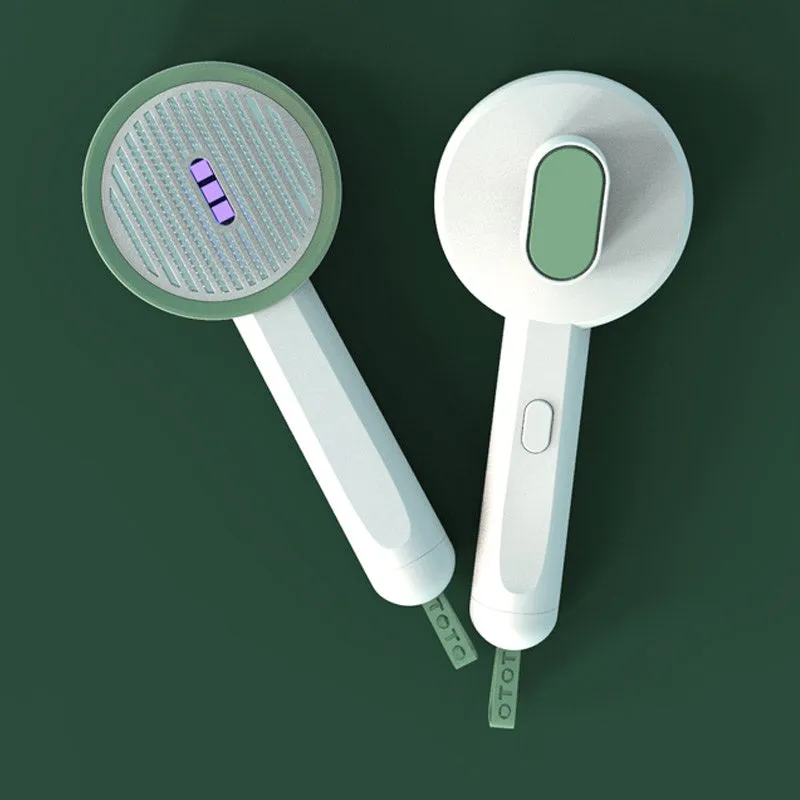 Hoopet 2-in-1 pet comb with UVC light and rounded teeth, available in ivory white, olive green, and khaki yellow