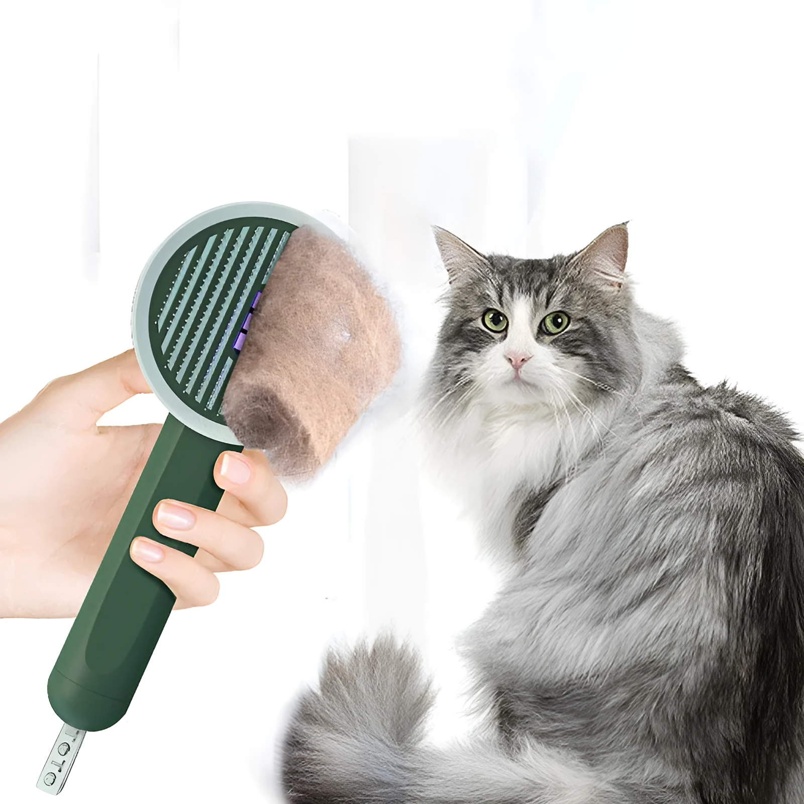 Hoopet 2-in-1 pet comb with UVC light and rounded teeth, available in ivory white, olive green, and khaki yellow