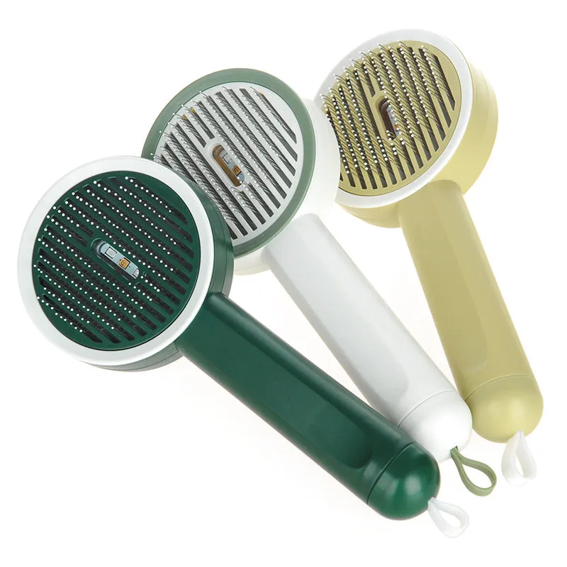 Hoopet 2-in-1 pet comb with UVC light and rounded teeth, available in ivory white, olive green, and khaki yellow