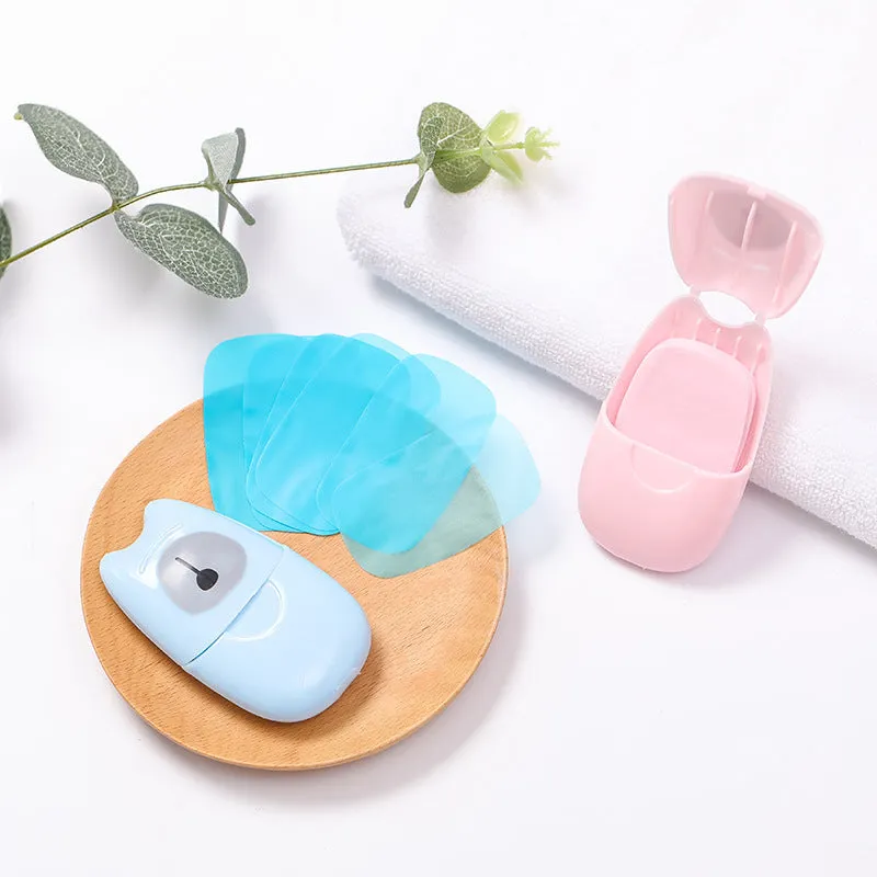 Pack of 50 biodegradable soap paper sheets in pink, blue, and green colours, 8x4.5cm size, for travel and outdoor hand cleaning