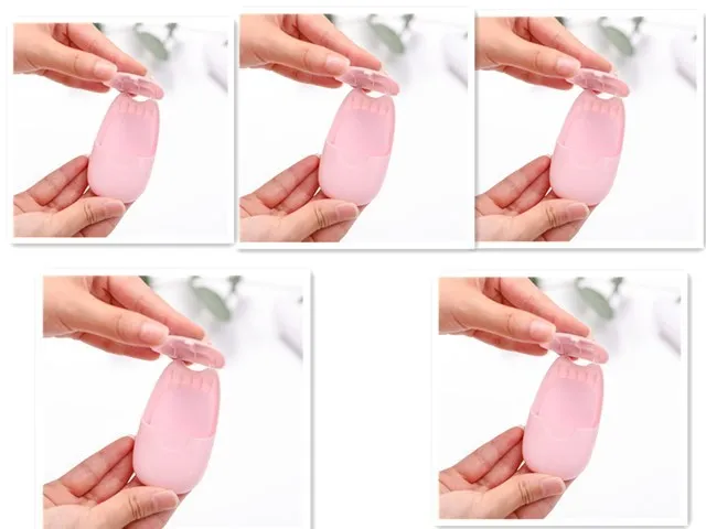 Pack of 50 biodegradable soap paper sheets in pink, blue, and green colours, 8x4.5cm size, for travel and outdoor hand cleaning