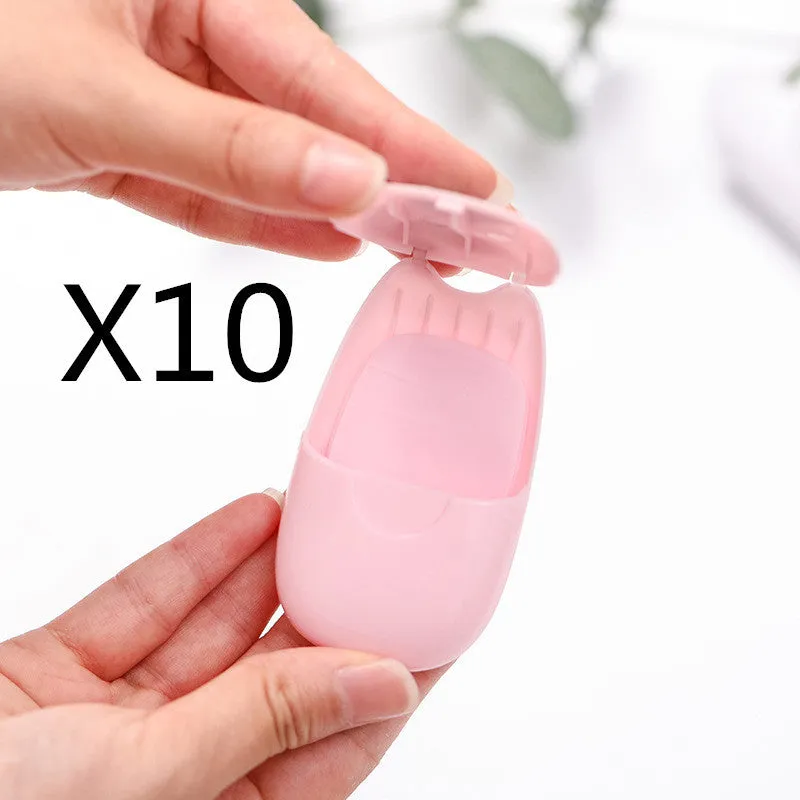 Pack of 50 biodegradable soap paper sheets in pink, blue, and green colours, 8x4.5cm size, for travel and outdoor hand cleaning