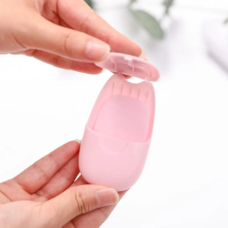 Pack of 50 biodegradable soap paper sheets in pink, blue, and green colours, 8x4.5cm size, for travel and outdoor hand cleaning