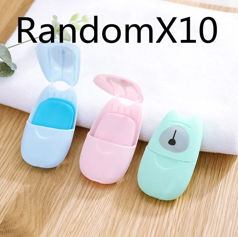 Pack of 50 biodegradable soap paper sheets in pink, blue, and green colours, 8x4.5cm size, for travel and outdoor hand cleaning