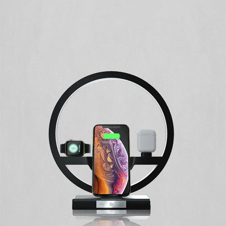 3 in 1 wireless charger bracket for mobile phone watch headset with ring light table lamp in black