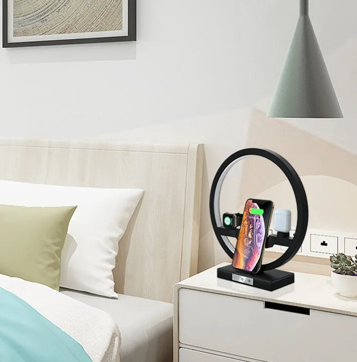 3 in 1 wireless charger bracket for mobile phone watch headset with ring light table lamp in black