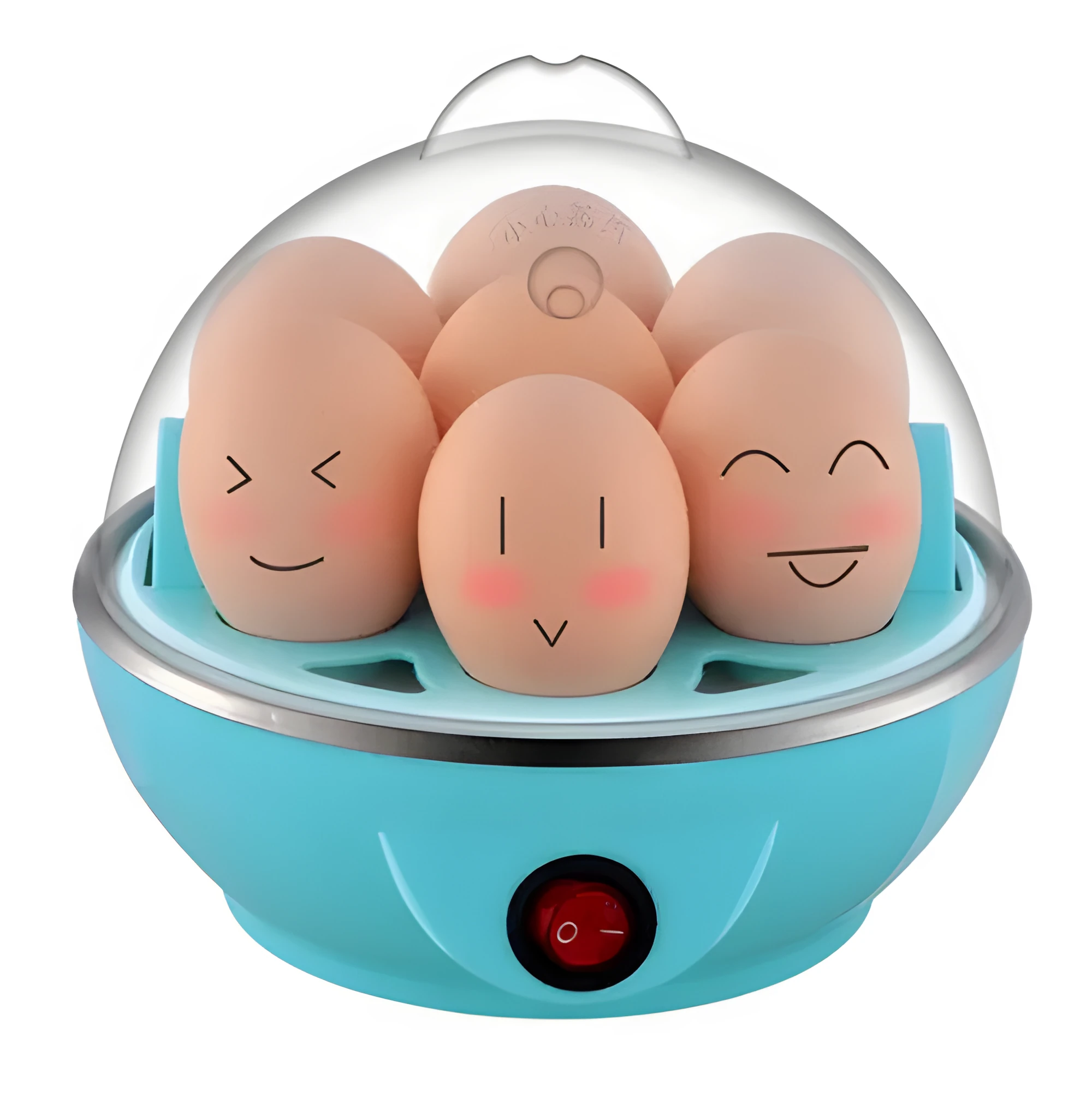 Blue electric egg steamer with transparent lid and egg tray on countertop